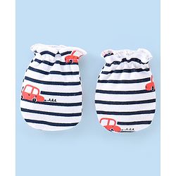 Babyhug 100% Cotton Interlock Knit Cap Mittens And Booties Stripes & Car Print - Navy Blue