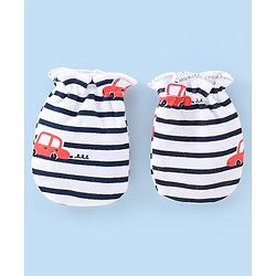 Babyhug 100% Cotton Interlock Knit Cap Mittens And Booties Stripes & Car Print - Navy Blue