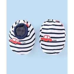 Babyhug 100% Cotton Interlock Knit Cap Mittens And Booties Stripes & Car Print - Navy Blue