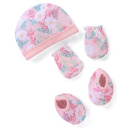Babyhug 100% Cotton Knit Cap Mittens & Booties Floral Print - Pink