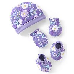 Babyhug 100% Cotton Interlock Knit Cap Mittens And Booties Floral Print - Purple