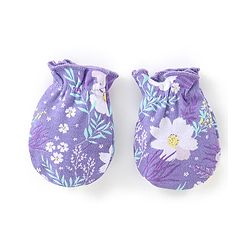 Babyhug 100% Cotton Interlock Knit Cap Mittens And Booties Floral Print - Purple