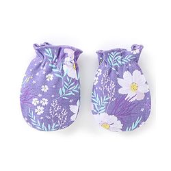 Babyhug 100% Cotton Interlock Knit Cap Mittens And Booties Floral Print - Purple
