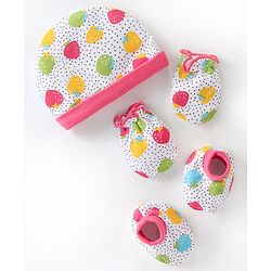 Babyhug 100% Cotton Interlock Knit Cap Mitten & Booties Strawberry Print - Pink & White