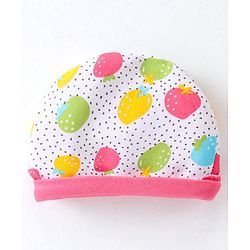 Babyhug 100% Cotton Interlock Knit Cap Mitten & Booties Strawberry Print - Pink & White