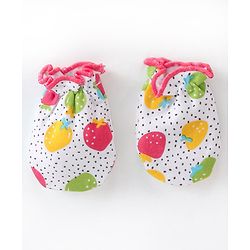Babyhug 100% Cotton Interlock Knit Cap Mitten & Booties Strawberry Print - Pink & White