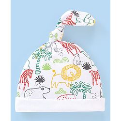 Babyhug 100% Cotton Knit Cap Animal Print- White