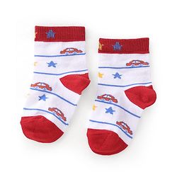 Cutewalk By Babyhug Anti Bacterial Ankle Length Socks Cars Print Pack Of 3 - White & Red