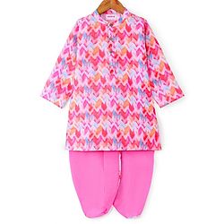 Babyhug Woven Full Sleeves Chevron Printed Kurta & Dhoti Set - Pink
