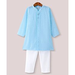 Babyhug 100% Cotton Woven Full Sleeves Chikankari Kurta Pyjama Set  -Blue