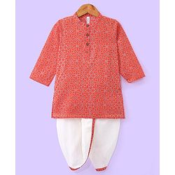 Babyhug Cotton Lurex Woven Full Sleeves All  Over Printed Kurta and Dhoti Set - Red