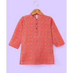 Babyhug Cotton Lurex Woven Full Sleeves All  Over Printed Kurta and Dhoti Set - Red