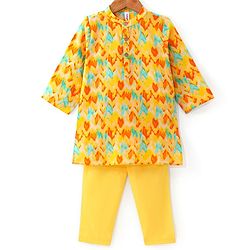 Babyhug 100% Cotton Lurex Full Sleeves Printed Kurta Pyjama Set - Yellow