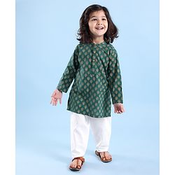 Babyhug 100% Cotton Woven Full Sleeves Kurta Pyjama Set Digital Floral Print - Green