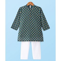Babyhug 100% Cotton Woven Full Sleeves Kurta Pyjama Set Digital Floral Print - Green