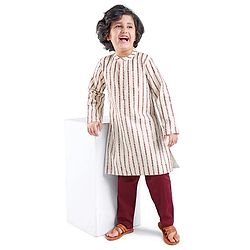 Babyhug Full Sleeve Self Embroidered Ith Sequenced Kurta With Pyjama Set - White & Maroon.