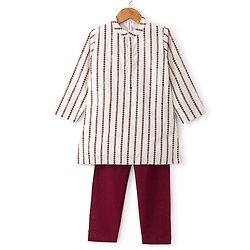 Babyhug Full Sleeve Self Embroidered Ith Sequenced Kurta With Pyjama Set - White & Maroon.