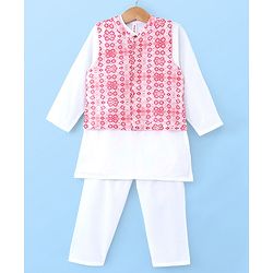 Babyhug 100% Cotton Knit Full Sleeves Kurta Pyjama Set with Printed Waistcoat - Pink & White