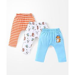 Babyhug Cotton Full Length Diaper Pants Stripes & Tiger Print Pack of 3- Blue Orange & White