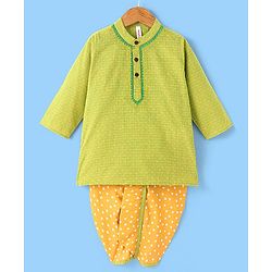 Babyhug Cotton Woven Full Sleeves Dobby Embroidery Kurta & Dhoti Set - Lime Green