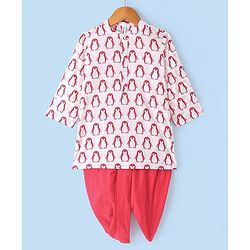 Babyhug 100% Cotton Woven Full Sleeves Penguin Printed Kurta Dhoti Set - Red & White