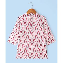 Babyhug 100% Cotton Woven Full Sleeves Penguin Printed Kurta Dhoti Set - Red & White