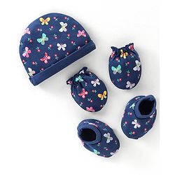 Babyhug 100% Cotton Cap Mittens & Booties Butterfly Print - Navy Blue