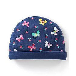 Babyhug 100% Cotton Cap Mittens & Booties Butterfly Print - Navy Blue