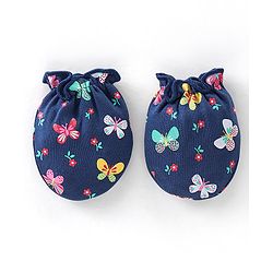 Babyhug 100% Cotton Cap Mittens & Booties Butterfly Print - Navy Blue
