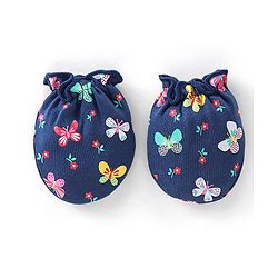 Babyhug 100% Cotton Cap Mittens & Booties Butterfly Print - Navy Blue