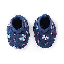 Babyhug 100% Cotton Cap Mittens & Booties Butterfly Print - Navy Blue