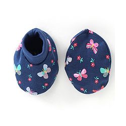 Babyhug 100% Cotton Cap Mittens & Booties Butterfly Print - Navy Blue