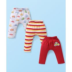 Babyhug Cotton Knit Full Length Diaper Pants Striped & Car Printed Pack of 3 - Multicolour