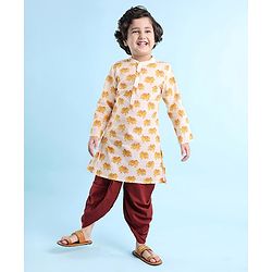 Babyhug Cotton Woven Full Sleeves Elephant Printed Kurta with Dhoti Set - White & Maroon
