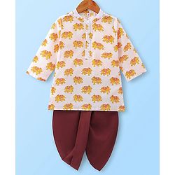 Babyhug Cotton Woven Full Sleeves Elephant Printed Kurta with Dhoti Set - White & Maroon