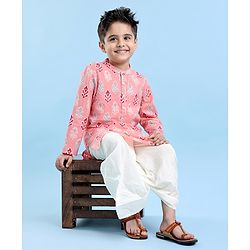 Babyhug Cotton Woven Full Sleeves Floral Printed Kurta & Dhoti Set - Pink & White