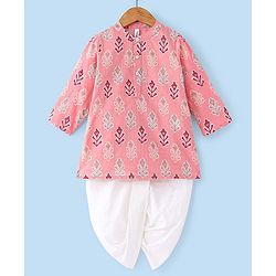 Babyhug Cotton Woven Full Sleeves Floral Printed Kurta & Dhoti Set - Pink & White