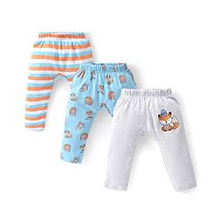 Babyhug Cotton Knit Full Length  Diaper Pants Striped & Fox Printed Pack of 3 - Grey & Blue