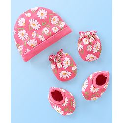 Babyhug 100% Cotton Cap Mittens & Booties Floral Printed Pink - Diameter 12 cm