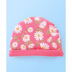 Babyhug 100% Cotton Cap Mittens & Booties Floral Printed Pink - Diameter 12 cm