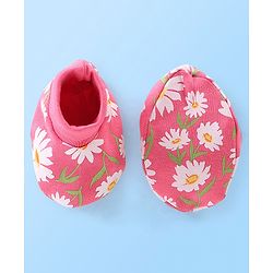 Babyhug 100% Cotton Cap Mittens & Booties Floral Printed Pink - Diameter 12 cm
