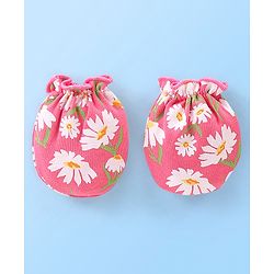 Babyhug 100% Cotton Cap Mittens & Booties Floral Printed Pink - Diameter 12 cm