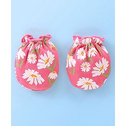 Babyhug 100% Cotton Cap Mittens & Booties Floral Printed Pink - Diameter 12 cm