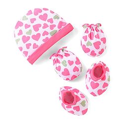 Babyhug 100% Cotton Knit Cap Mittens & Booties Heart Print Pink - Diameter 9 cm
