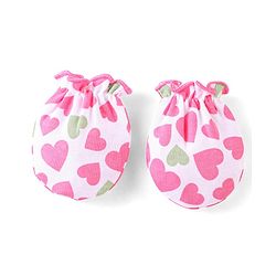 Babyhug 100% Cotton Knit Cap Mittens & Booties Heart Print Pink - Diameter 9 cm