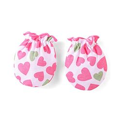 Babyhug 100% Cotton Knit Cap Mittens & Booties Heart Print Pink - Diameter 9 cm