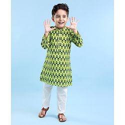 Babyhug Cotton Full Sleeves Floral Printed Kurta & Pyjama Set - Green