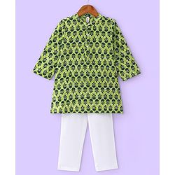 Babyhug Cotton Full Sleeves Floral Printed Kurta & Pyjama Set - Green