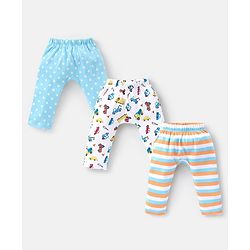 Babyhug Cotton Full Length Diaper Pants Striped & Vehicles Printed Pack of 3 - Blue & White