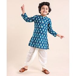 Babyhug Cotton Woven Full Sleeves Floral Printed Kurta & Dhoti Set - Indigo & White